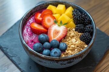 A colorful array of nutritious superfoods, including fresh strawberries and a variety of plant-based ingredients, fills a wooden bowl on the table, creating a vibrant and wholesome vegetarian meal