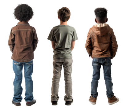 Unrecognizable boys back view full body shot over isolated transparent background