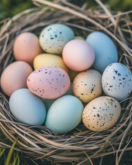 Naklejka na ściany i meble A nest filled with pastel-colored Easter eggs, symbolizing the joy and renewal of the season