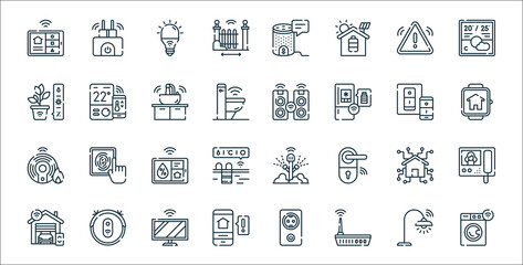 smarthome line icons. linear set. quality vector line set such as smart washing machine, router, alert, garage, smart home, humidity, smartwatch, speaker, thermostat. - obrazy, fototapety, plakaty