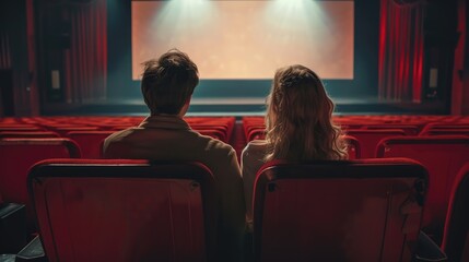 Couple in love watching movie in cinema. Back view of man and woman sitting in cinema hall and looking at screen