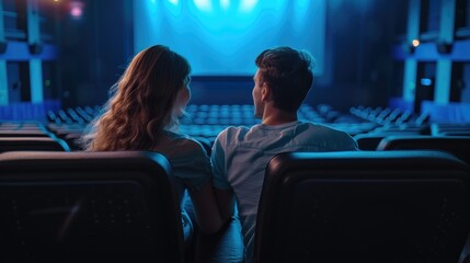 Couple in love watching movie in cinema. Back view of man and woman sitting in cinema hall and looking at screen