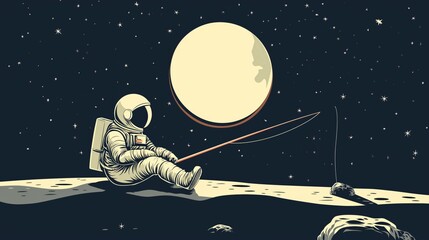 Astronaut fishing on the moon. Cartoon Illustration - obrazy, fototapety, plakaty