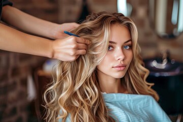 A stunning lady sits calmly as her long, layered brown hair is transformed into a chic blonde hairstyle, accentuated by her flawless skin and carefully applied cosmetics, all while donning fashionabl - obrazy, fototapety, plakaty