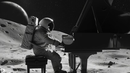 The astronaut plays the piano on the moon. Black and white image