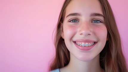Fototapeta premium Portrait of a young happy smiling girl with braces on her teeth on a pink background. Dental concept