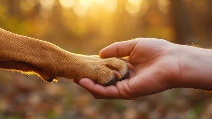 Close-up of dog gives his paw to a man in autumn forest. Pet friendly concept