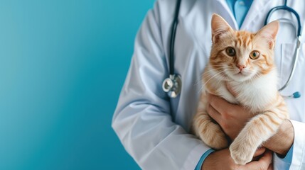 Veterinarian holding a cat in his arms on a blue background