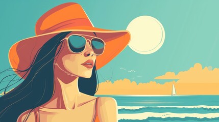 Obraz na płótnie Canvas Illustration of a girl in a hat and sunglasses on the beach. Vacation concept