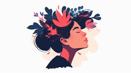 Beautiful girl with flowers in her hair on white background. Illustration in a flat style. Mental Health Concept