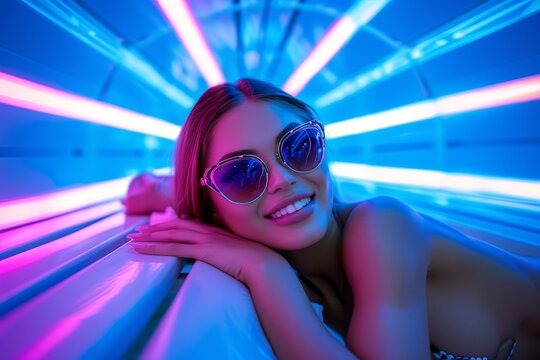 A radiant woman basks in electric blue and purple hues, her face adorned with a smile and stylish glasses, as she relaxes on an indoor tanning bed