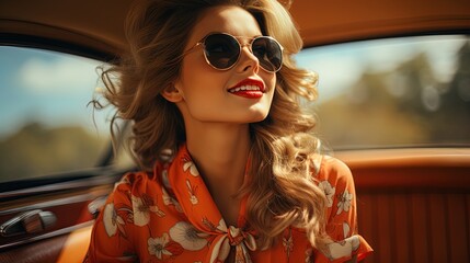 Elegant similing woman in dark glasses sitting in the back seat of a car.