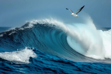 A majestic bird soars above a tumultuous wave, as a lone surfer rides the powerful tide amidst the vastness of the ocean and the untamed beauty of nature - obrazy, fototapety, plakaty
