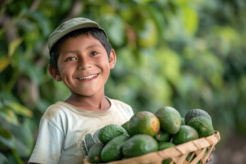 Fototapeta premium Adorable Latin American boy holding basket full of avocados after picking them in the orchard