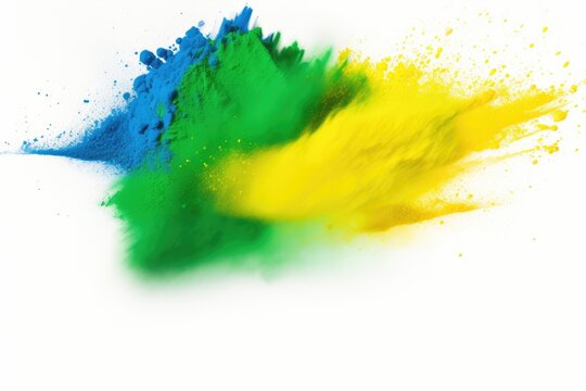 Color holi paint powder explosion on white background with copy space. Brazil carnival and celebration soccer fans concept.