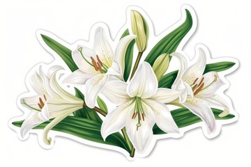 Obraz premium An elegant lily emerges, its pure white petals contrasted against vibrant green leaves, captured in a delicate sketch