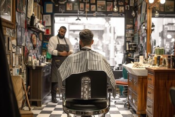 A stylishly dressed man waits patiently in the cozy barber shop, surrounded by vintage furniture and the comforting aroma of freshly brewed coffee, as he eagerly anticipates his next haircut on a bus - obrazy, fototapety, plakaty