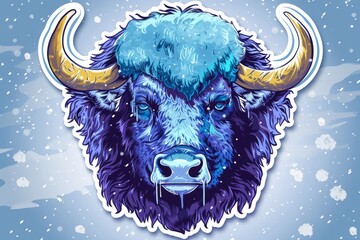 An artistic rendering of a majestic bovine creature, with striking blue and yellow tones, adorned with powerful horns, evoking a sense of strength and beauty