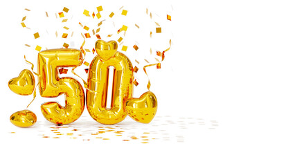 50 golden 3d inflated balloon birthday card on white background. 3d illustration