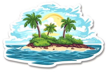 Fototapeta na wymiar A vibrant and playful child's drawing of an island oasis, complete with swaying palm trees and sparkling blue water, captured in a whimsical illustration