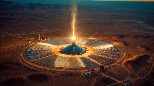 Aerial view of solar energy tower, concentrated solar power plant. The panels stand in a circle, Renewable energy. Green energy.