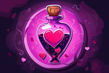 A vibrant magenta liquid in the shape of a heart, infused with artistic graphics, captured in a charming cartoon