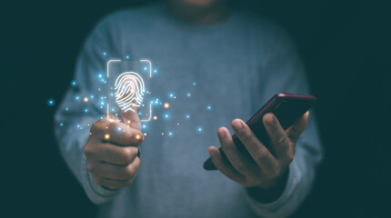 Businessman fingerprint scan and biometric authentication, Security scan for digital cyber futuristic applications concept, Innovation for protection from digital cybercrime or cyber hacker.