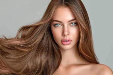 Fototapeta premium A captivating fashion model with long, layered brown hair poses for a photo shoot, showcasing her stunning human face adorned with bold eyeliner and a vibrant lip color