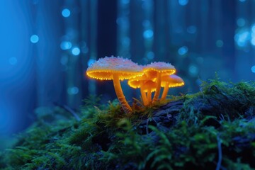 Fototapeta na wymiar Magic Psilocybin Mushrooms. Fantasy Glowing Mushrooms in mystery dark forest close-up. Beautiful macro shot of magic mushroom, fungus. Border art design. Magic light.