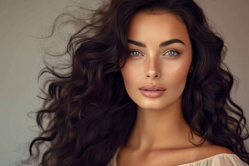 Naklejka premium A captivating lady with long brown locks and a flawless face adorned in glamorous makeup, posing for a photo shoot against a stylish indoor wall