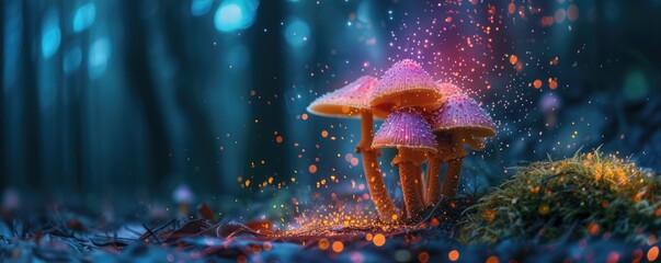 Magic Psilocybin Mushrooms. Fantasy Glowing Mushrooms in mystery dark forest close-up. Beautiful macro shot of magic mushroom, fungus. Border art design. Magic light.