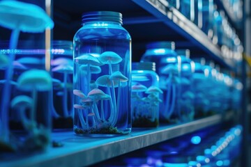 Magic Psilocybin Mushrooms in bell jars stored on shelf. Fantasy Glowing Mushrooms in mystery dark close-up. Border art design. Magic light. - Powered by Adobe