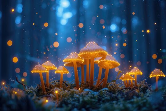 Magic Psilocybin Mushrooms. Fantasy Glowing Mushrooms in mystery dark forest close-up. Beautiful macro shot of magic mushroom, fungus. Border art design. Magic light.