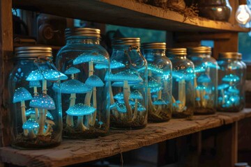 Obraz premium Magic Psilocybin Mushrooms in bell jars stored on shelf. Fantasy Glowing Mushrooms in mystery dark close-up. Border art design. Magic light.