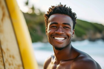 A sun-kissed man radiates joy as he stands barechested on the beach, his genuine smile mirroring the sparkling water behind him in this outdoor portrait