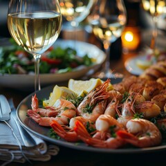 A decadent dinner awaits, with succulent shrimp and crisp vegetables served on elegant tableware, accompanied by a sparkling wine in delicate champagne stemware, creating a sophisticated and indulgen