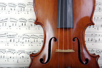 beautiful antique violin on a background of notes