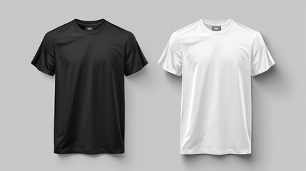 Set of realistic white and black unisex classic t-shirt with round neckline on coat hanger. Front and back view. Vector illustration collection on gray background, generative ai - obrazy, fototapety, plakaty