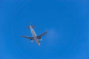 An airplane flying on a clear blue sky