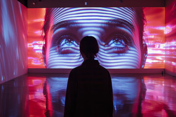 An interactive video installation where viewers' movements influence the visual display. Concept of interactive art and viewer participation. Generative Ai.