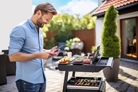 A Young adult smiling and cheerful caucasian white man in controlling smart grill with smartphone app. Cooking a barbecue in the backyard of the house while relaxing on a weekend or holiday.Sunny day