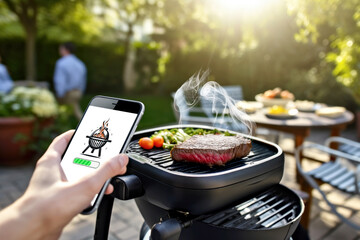 Close up hand with smartphone mobile app displaying grill controls with a juicy steak cooking on a modern smart grill, on a bright summer day. Concept of wireless technology. Copy space