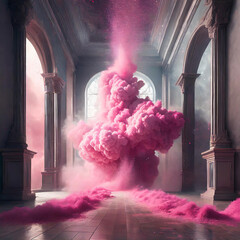 Explosión de nube rosa púrpura en un pasillo elegante, suelo brillante y techo alto con luz lateral creada con AI generativa, composición cuadrada