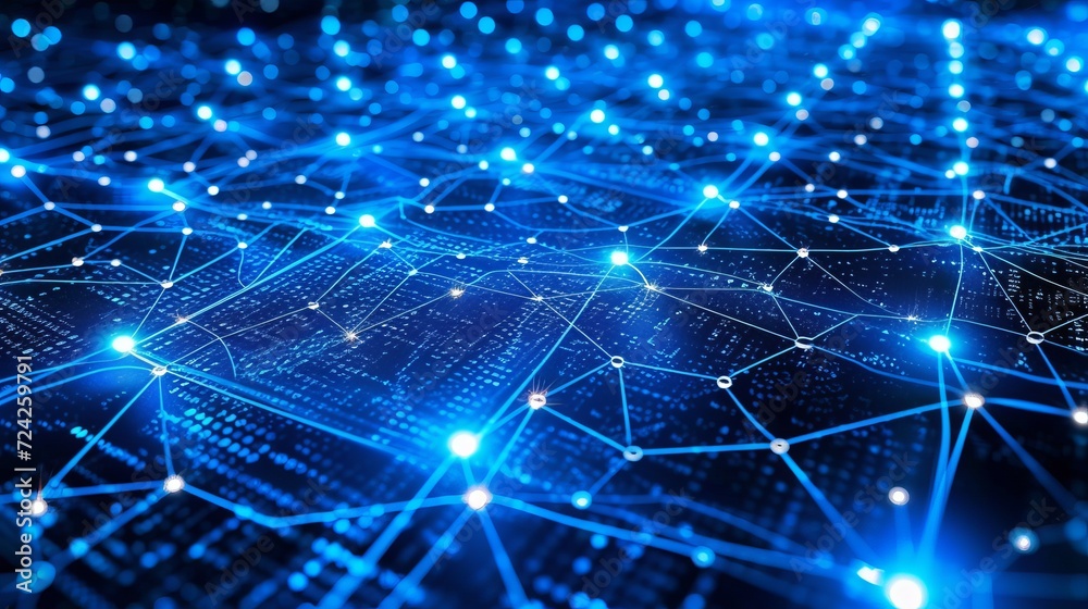 Poster interconnected points illustrating iot and machine learning on blurred background with copy space