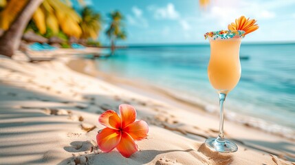 Tropical bahama mama cocktail with blurred beach background and copy space for text