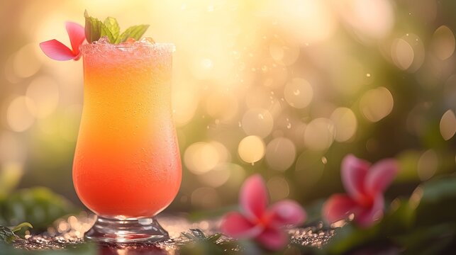 Refreshing bahama mama cocktail in tropical setting with blurred beach background for text placement