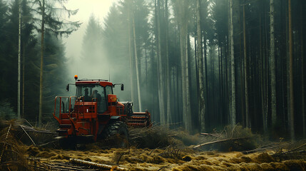 machine cutting trees in the forest