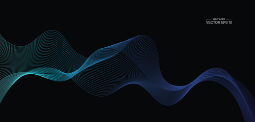 Vector wavy lines pattern smooth curve flowing dynamic blue green gradient light isolated on black background for concept of technology, digital, communication, science, music.