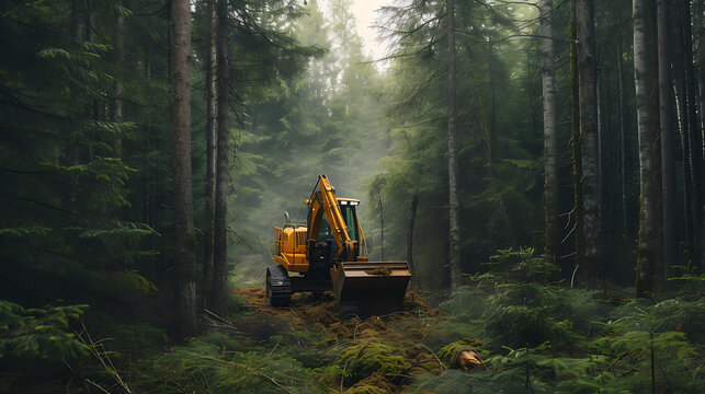 machine cutting trees in the forest