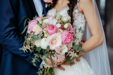 A close-up of a bride and groom, in traditional wedding attire, holding a bouquet of white roses and greenery, symbolising their union and celebration.